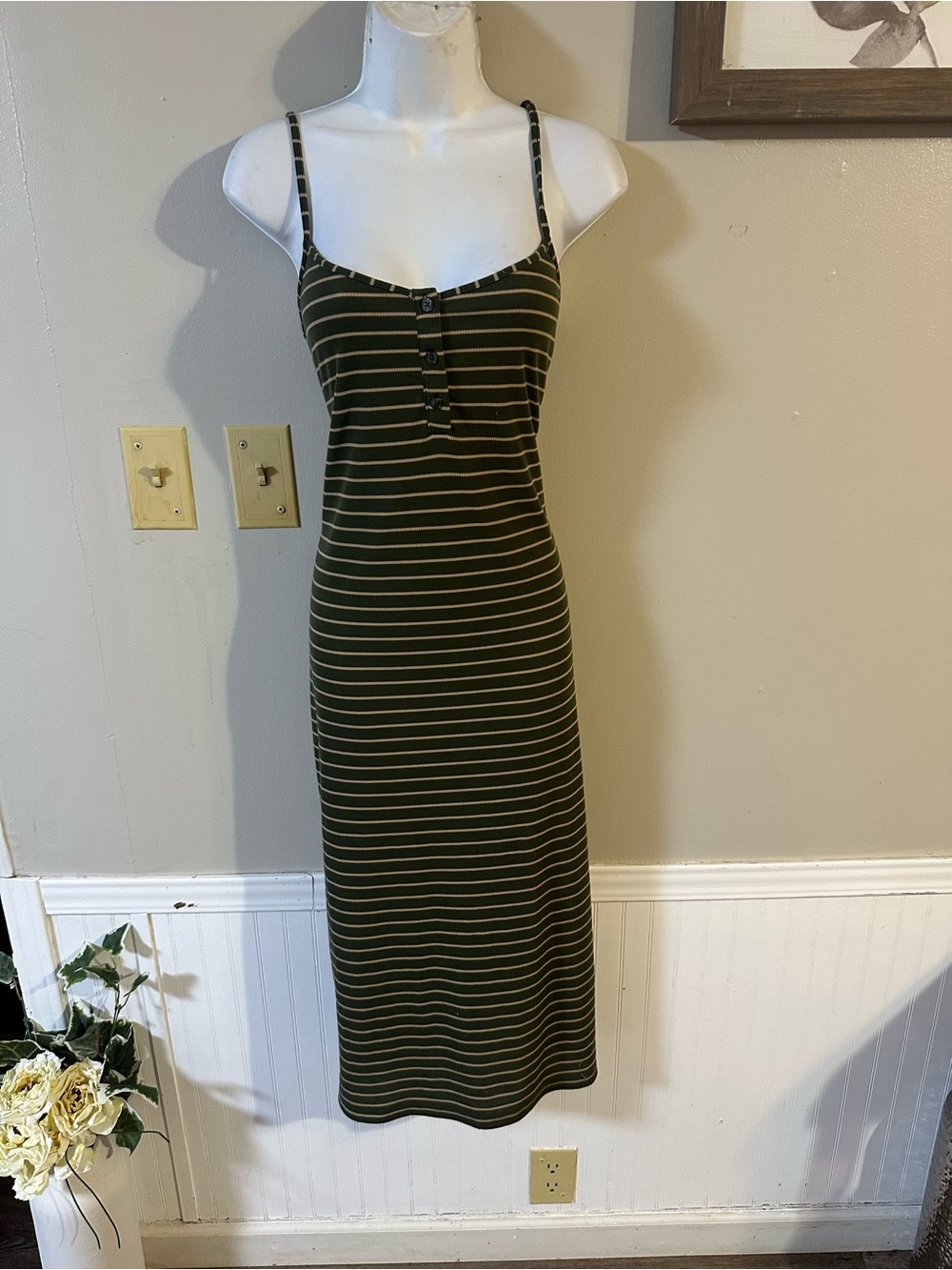 Striped Olive Green Midi Dress with Thin Straps